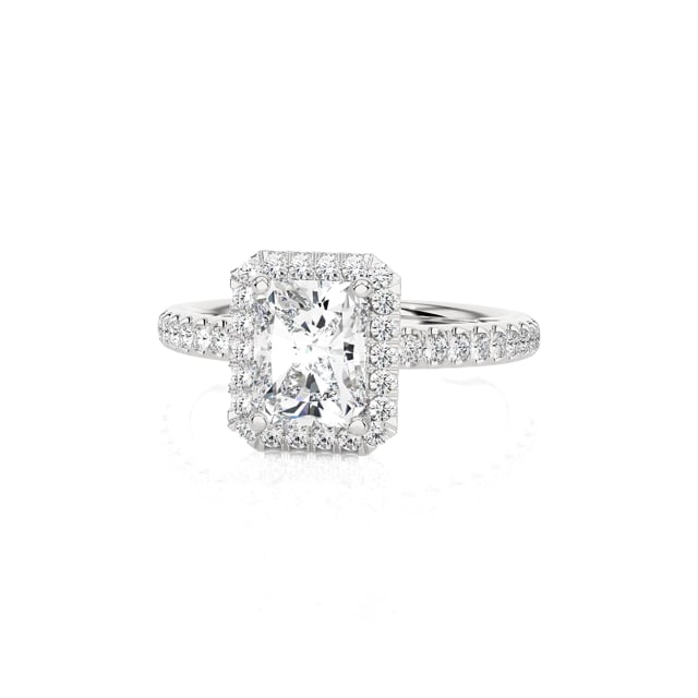1.00 Karat Halo Solitärring mit laborgezüchtetem Diamant im Radiant-Schliff aus Weißgold und runden laborgezüchteten Diamanten