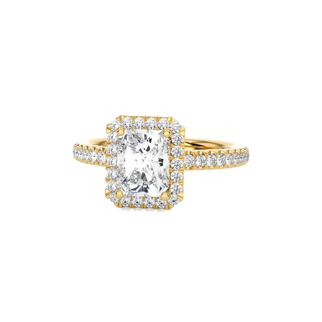 1.20 Karat Halo Solitärring mit laborgezüchtetem Diamant im Radiant-Schliff aus Gelbgold und runden laborgezüchteten Diamanten
