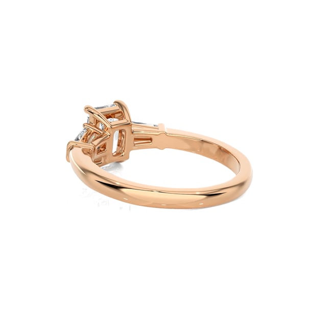 2.00 carat trilogy ring in red gold with a lab grown radiant cut diamond and lab gown tapered baguettes