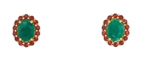 3.20 ct. t.w. Emerald and 1.40 ct. t.w. Garnet Halo Earrings in 18kt Gold Over Sterling