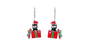 6mm Black Agate Bead Christmas Cat Drop Earrings with Multicolored Enamel in Sterling Silver