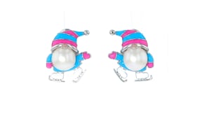 8-8.5mm Cultured Pearl and Multicolored Enamel Ice Skater Gnome Earrings in Sterling Silver
