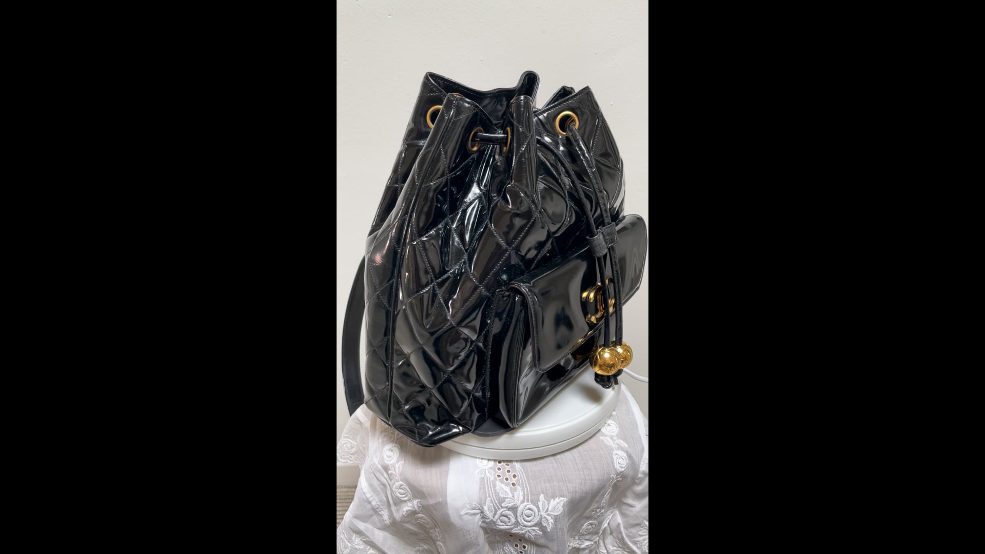 Vintage Chanel backpack black quiltet patent leather, 1990 