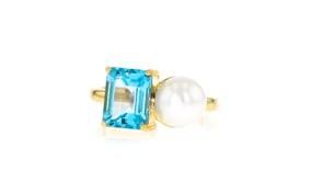 7.5-8mm Cultured Pearl and 2.90 Carat Swiss Blue Topaz Toi et Moi Ring in 18kt Gold Over Sterling