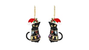 3.5-4mm Cultured Pearl and .70 ct. t.w. Multi-Gemstone Christmas Cat and Lights Drop Earrings with Multicolored Enamel in 18kt G