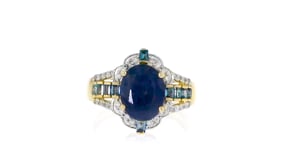 3.60 Carat Sapphire and .40 ct. t.w. London Blue Topaz Ring with .22 ct. t.w. Diamonds in 14kt Yellow Gold