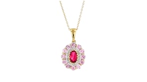 .30 Carat Ruby and .80 ct. t.w. Pink Sapphire Pendant Necklace with .14 ct. t.w. Diamond in 14kt Yellow Gold