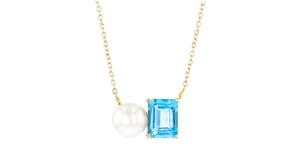 8-8.5mm Cultured Pearl and 2.90 Carat Swiss Blue Topaz Toi et Moi Necklace in 18kt Gold Over Sterling