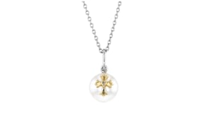 8.5-9mm Cultured Pearl Cross Pendant Necklace with Diamond Accent in 14kt Yellow Gold and Sterling Silver