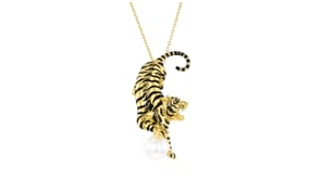 18kt Gold Over Sterling and Black Enamel Tiger Pin/Pendant Necklace with 8-8.5mm Cultured Pearl