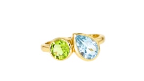 1.30 Carat Sky Blue Topaz and .60 Carat Peridot Toi et Moi Ring in 18kt Gold Over Sterling