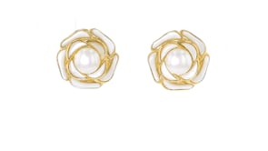 Mother-of-Pearl and 6-7.5mm Cultured Pearl Jewelry Set: Flower Earrings and Ring in 18kt Gold Over Sterling