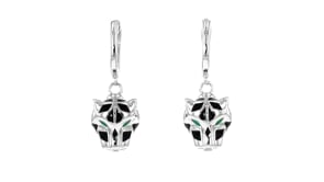 Italian Black and Green Enamel Panther Head Drop Earrings in Sterling Silver