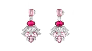 3.10 ct. t.w. Simulated Morganite and 1.50 ct. t.w. Simulated Ruby Drop Earrings with 1.20 ct. t.w. CZs in Sterling Silver