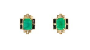 3.40 ct. t.w. Emerald and .40 ct. t.w. Black Spinel Earrings with .10 ct. t.w. White Topaz in 18kt Gold Over Sterling