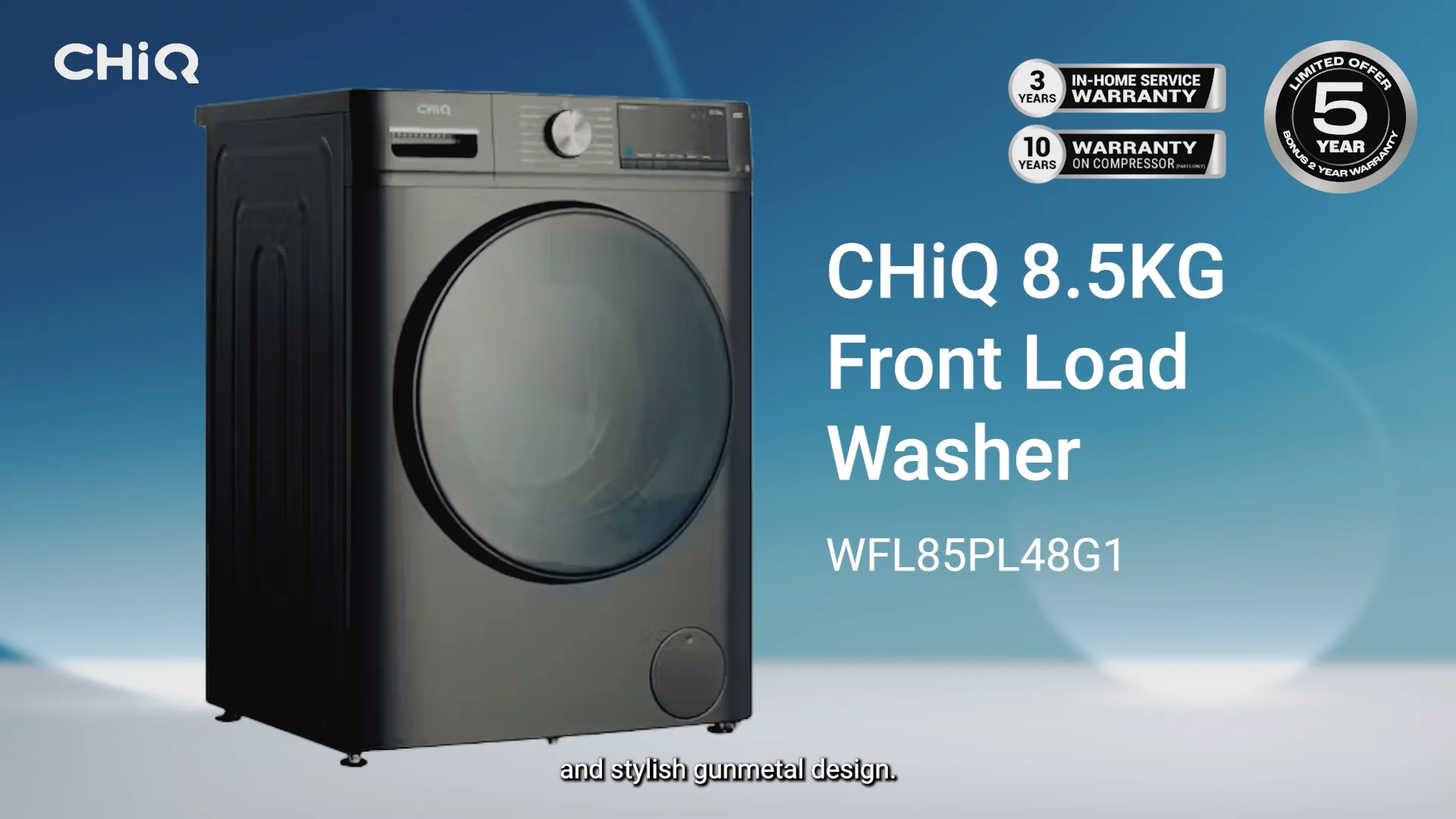 ChiQ 8.5kg Front Load Washer - Gunmetal | Domayne ChiQ 8.5kg Front Load Washer - Gunmetal | Domayne