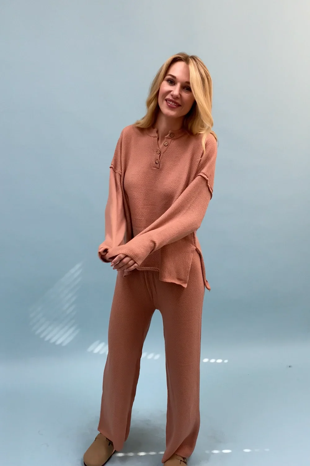 Relaxed Henley Waffle Knit Lounge Set – Boho Clothing and Accessories