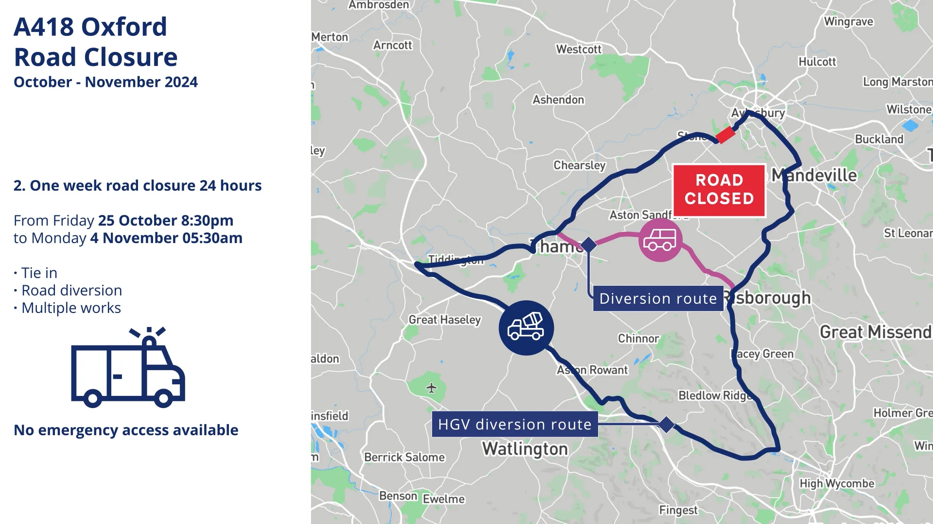 Notice of road closures, A418 Oxford Road (Oct - Nov 2024) - HS2