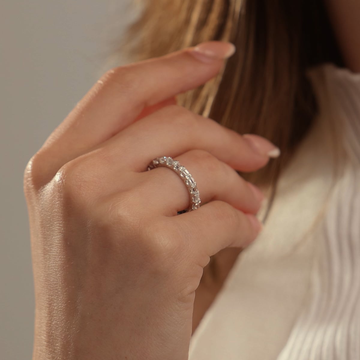 ctw East-West Emerald Lab Grown Diamond Eternity Band Width 14K  White Gold, F, VS2