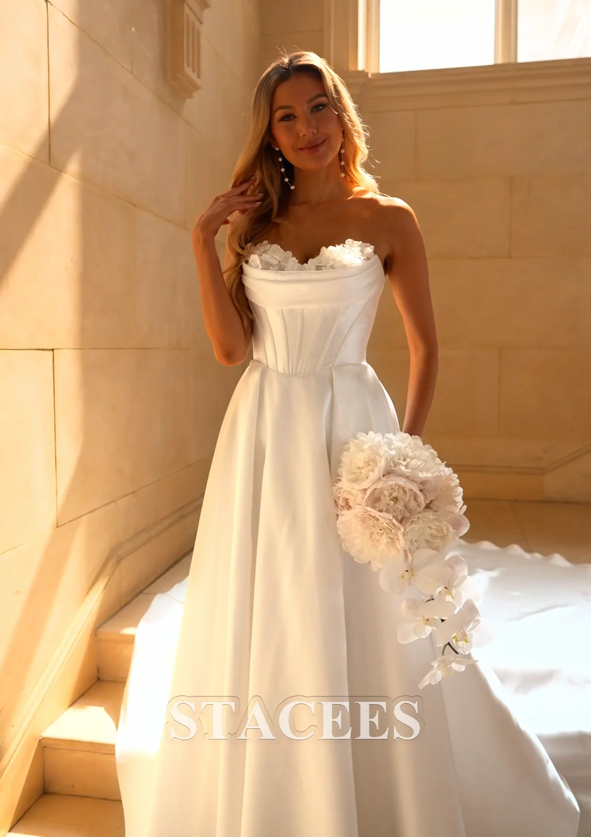 STACEES Romantic A-line Cowl Neck Chapel Train Satin Wedding Dress with  Beading Flowers Pleated S3095W