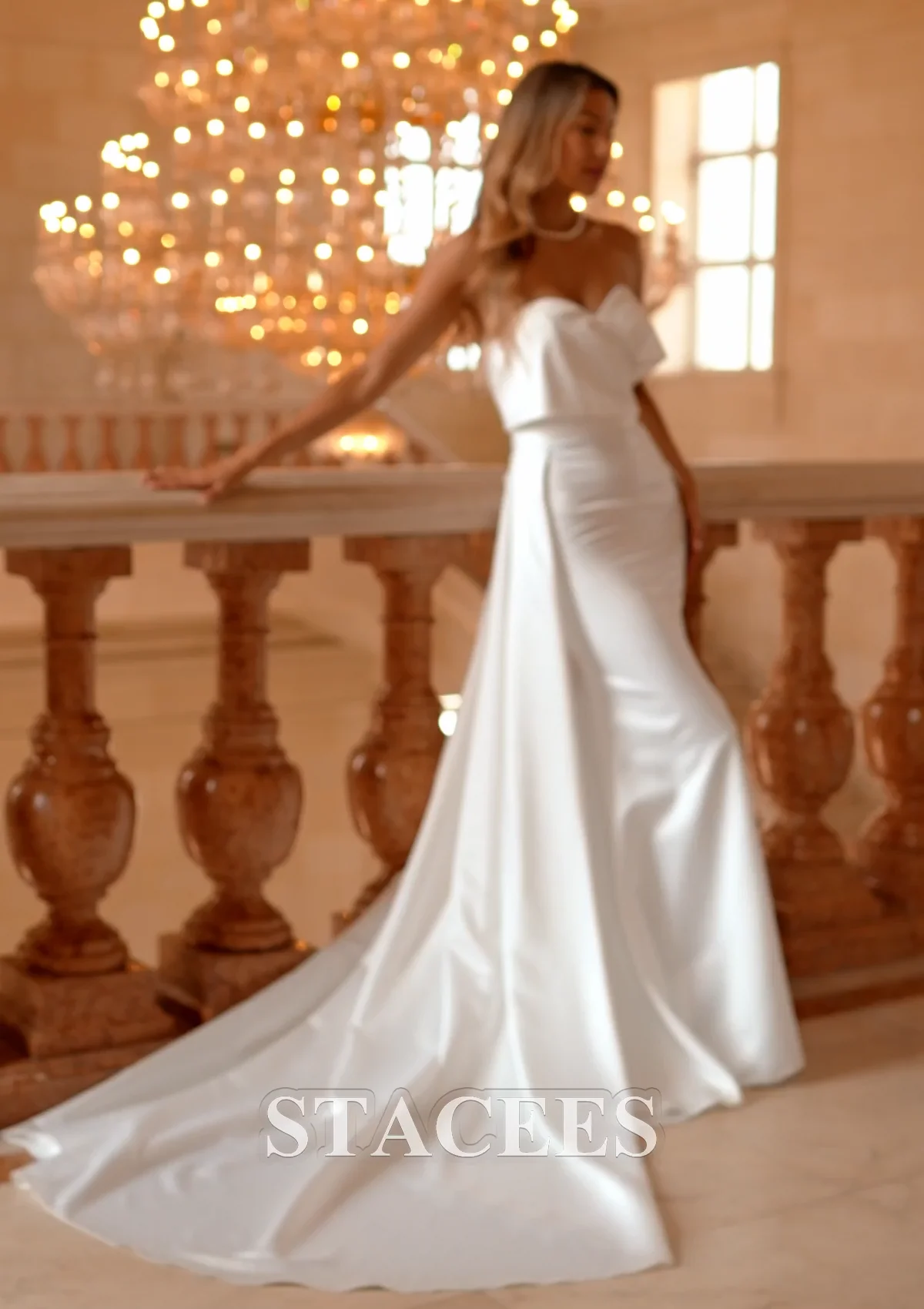STACEES Elegant Strapless Sweetheart Satin Wedding Dress with Detachable  Train S3092WT