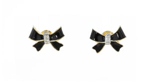 Black Enamel Bow Earrings with Diamond Accents in 18kt Gold Over Sterling