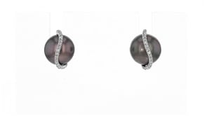 8-8.5mm Black Cultured Pearl and Diamond-Accented Swirl Earrings in Sterling Silver