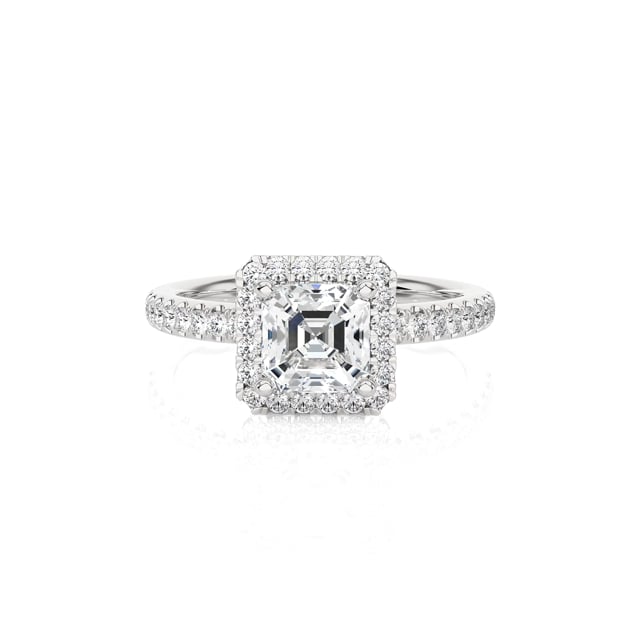 2.00 Karat Halo Solitärring mit asscher geschliffenem Labordiamant aus Weißgold und runden laborgezüchteten Diamanten