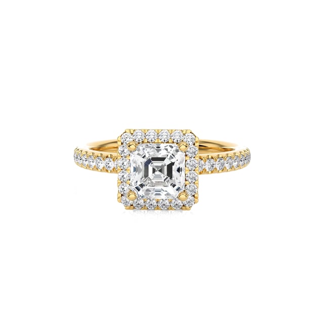 1.00 Karat Halo Solitärring mit asscher geschliffenem Labordiamant aus Gelbgold und runden laborgezüchteten Diamanten