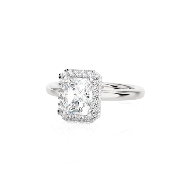 1.00 Karat Halo Solitärring mit laborgezüchtetem Diamant im Radiant-Schliff aus Weißgold und runden laborgezüchteten Diamanten