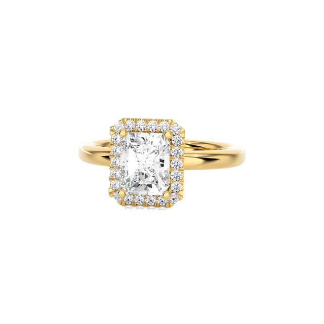 3.00 carat solitaire halo ring with a lab grown radiant cut diamond in yellow gold and round lab grown diamonds