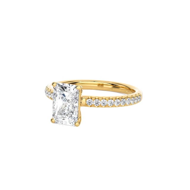 5.00 Karat Solitärring mit laborgezüchtetem Diamant im Radiant-Schliff aus Gelbgold und kleinen Labordiamanten