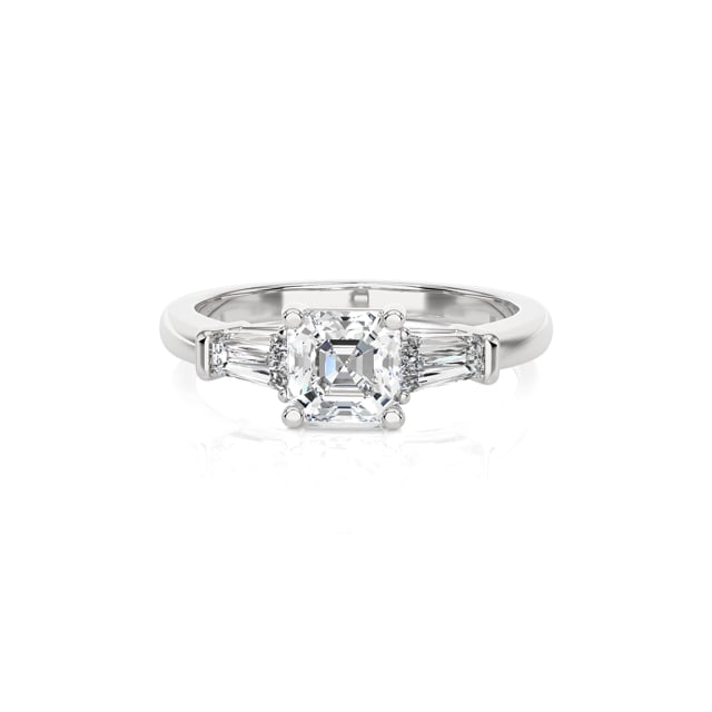 1.00 Karat Trilogie-Ring aus Platin mit asscher geschliffenem Labordiamant und konischen laborgezüchteten Baguettes