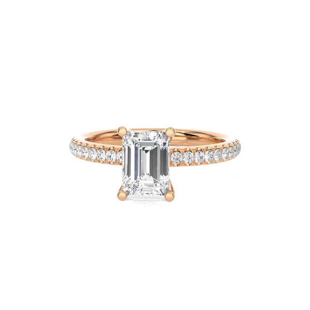 1.50 quilates anillo solitario con diamante talla esmeralda y halo oculto en oro rojo