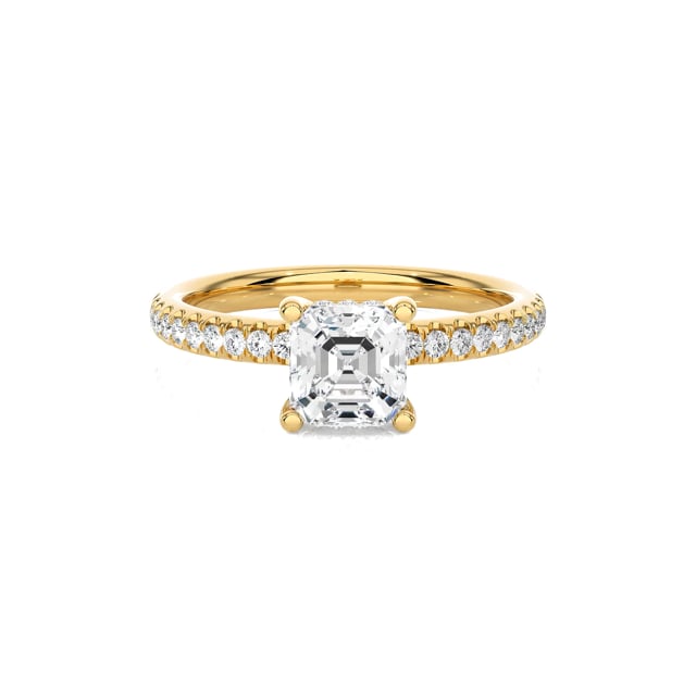 2.00 Karat Solitärring mit Diamant im Asscher-Schliff und hidden halo aus Gelbgold 