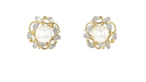 7-7.5mm Cultured Pearl and .10 ct. t.w. Diamond Leaf Earrings in 14kt Yellow Gold
