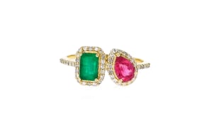 .60 Carat Emerald and .50 Carat Pink Sapphire Toi et Moi Ring with .26 ct. t.w. Diamonds in 14kt Yellow Gold