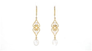 4-7.5mm Cultured Pearl Scrolled Heart Drop Earrings in 18kt Gold Over Sterling