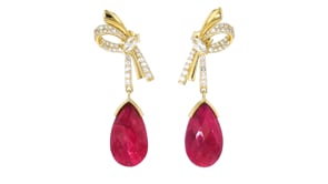 25.00 ct. t.w. Ruby Bow Drop Earrings with 1.60 ct. t.w. White Topaz in 18kt Gold Over Sterling