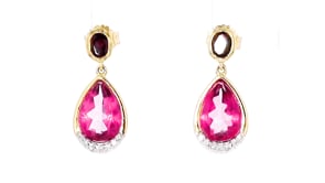 6.50 ct. t.w. Pink Topaz and .80 ct. t.w. Rhodolite Garnet Drop Earrings with .14 ct. t.w. Diamonds in 18kt Gold Over Sterling