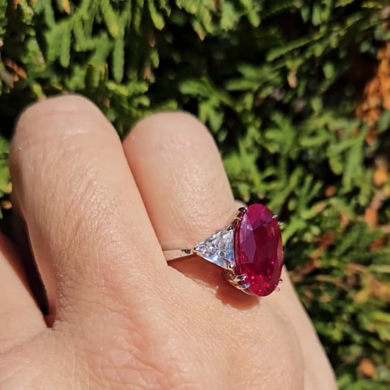 Oval Ruby with Trillion Sides Three Stone Ring (10 TCW)