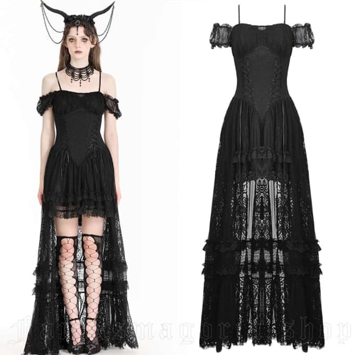 Gothic Realm High Low Open Shoulders Black Lace Dress - Dark in Love Gothic Realm High Low Open Shoulders Black Lace Dress - Dark in Love