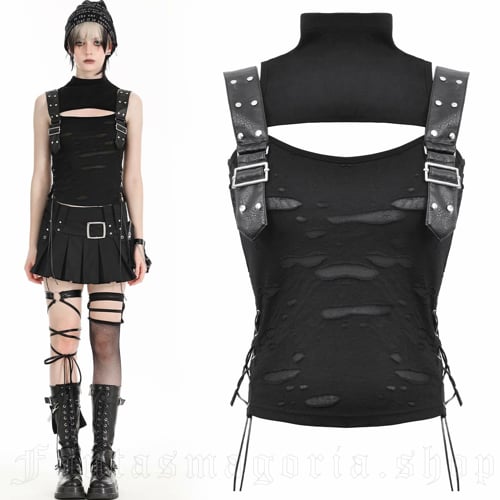 Bunker Doll High Neck Sleeveless Distressed Top with Faux Leather Straps video