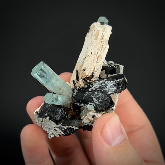 Beryl var. Aquamarine with Schorl on Feldspar