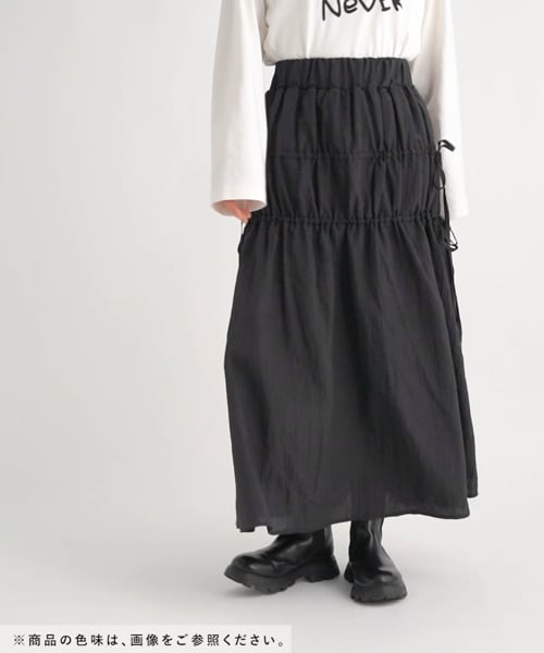 WOMENS】リボンティアード/ワッシャーサテンフレアスカート