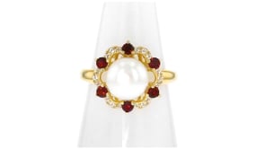 9-9.5mm Cultured Pearl and .40 ct. t.w. Garnet Ring with .10 ct. t.w. White Topaz in 18kt Gold Over Sterling