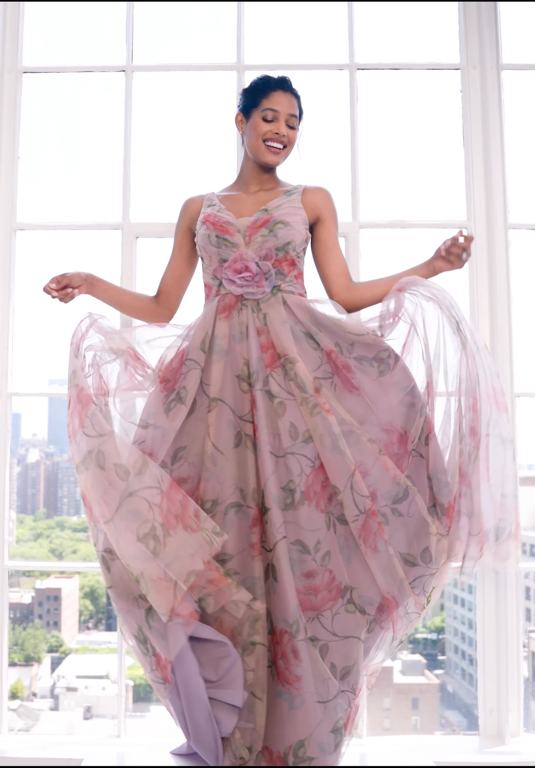 Floral Printed Tulle A-line Evening Gown
