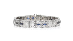 C. 1950 Vintage 2.60 ct. t.w. Synthetic Sapphire and .55 ct. t.w. Diamond Filigree Bracelet in Platinum and 14kt White Gold