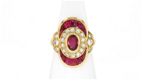 C. 1980 Vintage 2.20 ct. t.w. Ruby and .43 ct. t.w. Diamond Ring in 18kt Yellow Gold