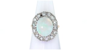 C. 1960 Vintage Opal and 1.15 ct. t.w. Diamond Ring in 14kt Yellow Gold